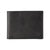 A black leather bifold wallet with a subtle embossed logo on the bottom right corner, shown against a plain white background.