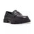 A single black leather penny loafer with a chunky lug sole, shown from a three-quarters angle on a white background.