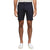 Person wearing navy shorts on a white background