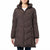 A woman wearing a dark brown hooded puffer jacket with a chevron quilted pattern, shown from the neck down against a plain white background.