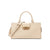 A cream-colored leather handbag by Karl Lagerfeld, featuring dual top handles, a detachable shoulder strap, and a gold-tone metal logo plaque on the front flap.