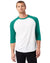 Man wearing a white baseball shirt with green sleeves on a white background