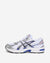 White running shoe with blue and black accents on a white background