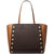 Michael Kors tote bag in brown monogram canvas with tan leather side panels and handles, decorated with gold-tone rivets.