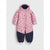 A pink hooded snowsuit with an allover dark pink and purple leopard print, featuring solid dark navy blue lower legs and foot coverings, shown against a light gray background.