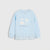 A light blue long-sleeve children's sweatshirt featuring white seashell and starfish graphics with 'sea treasures' text on the front, finished with a ruffled hem.