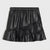 A black faux leather mini skirt with an elastic waistband and layered ruffle details, shown flat on a light gray background.