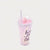 A clear plastic tumbler cup filled with pink glitter and topped with a clear dome lid and straw, featuring the printed phrase 'Living in Full Color' in black script. The cup is shown filled with pink sprinkles and a small pink bunny decoration, set against a plain white background.