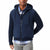 A man wearing a navy blue zip-up hooded jacket with ribbed knit sleeves and a quilted front, layered over a blue and white plaid shirt.