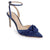 A single navy blue satin pointed-toe high heel with an ankle strap and a decorative bow detail on the toe, shown against a plain white background.
