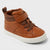 A toddler's high-top sneaker in brown faux leather with a hook-and-loop strap closure, matching brown laces, and a white rubber sole, shown on a light gray background.
