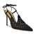 Black woven high-heeled shoes with ankle straps on a white background