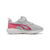 A light gray mesh athletic sneaker with a bright pink side logo and heel accent, featuring a hook-and-loop strap closure and a white sole, shown against a plain white background.