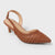 A single women's slingback pointed-toe heeled shoe with a woven upper in a warm tan-brown color, shown on a light gray background.