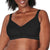 A close-up of a woman wearing a black wireless bra with a V-neckline and wide underband, shown against a plain white background.