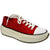 A low-top platform sneaker featuring a textured red canvas upper, white laces, a white rubber toe cap, and a thick cream-colored platform sole with a dark brown tread.