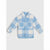 A children's long-sleeve button-front shirt jacket in a light blue and white gingham check pattern, displayed flat against a light gray background.