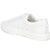 A white leather low-top sneaker shown from a three-quarters angle against a clean white background.