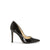A single black patent leather pump with a pointed toe and a slim high heel, shown from a side profile on a white background.