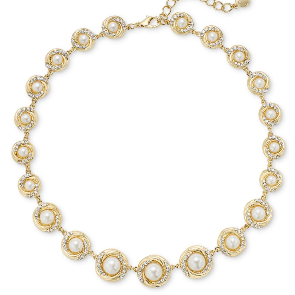 Charter Club Womens Gold Pave Crystal and Imitation Pearl Collar Necklace