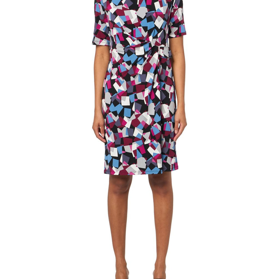 Kasper Women's Multicolor Cerise Multi Elbow Sleeve Pleat Detail Dress