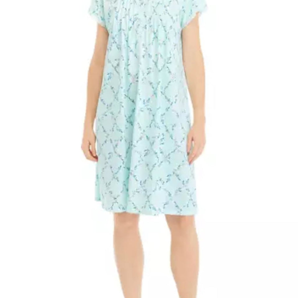 Miss Elaine Women's Mint GreenFloral Diamond Silky Knit Short Sleeve Sleep Dress