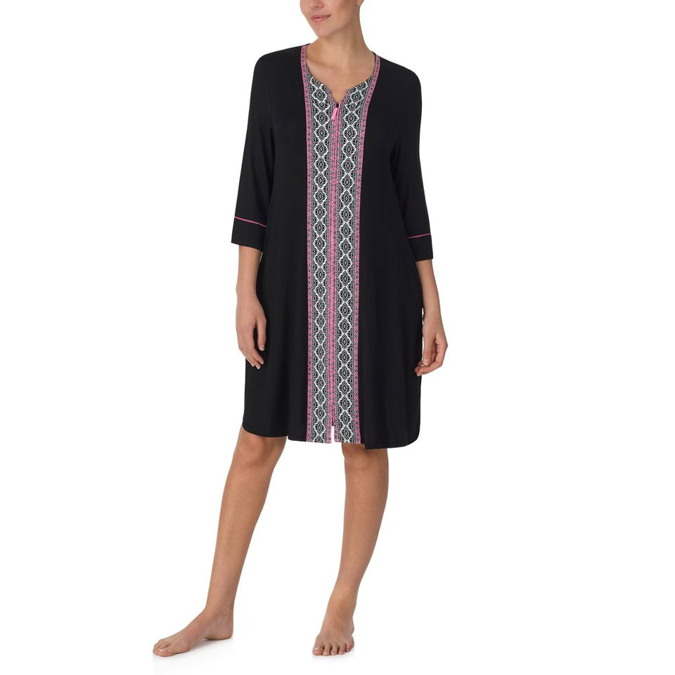Ellen Tracy Women's Black Soft Stretch Jersey 34 Sleeve Zip Front Lounge Robe