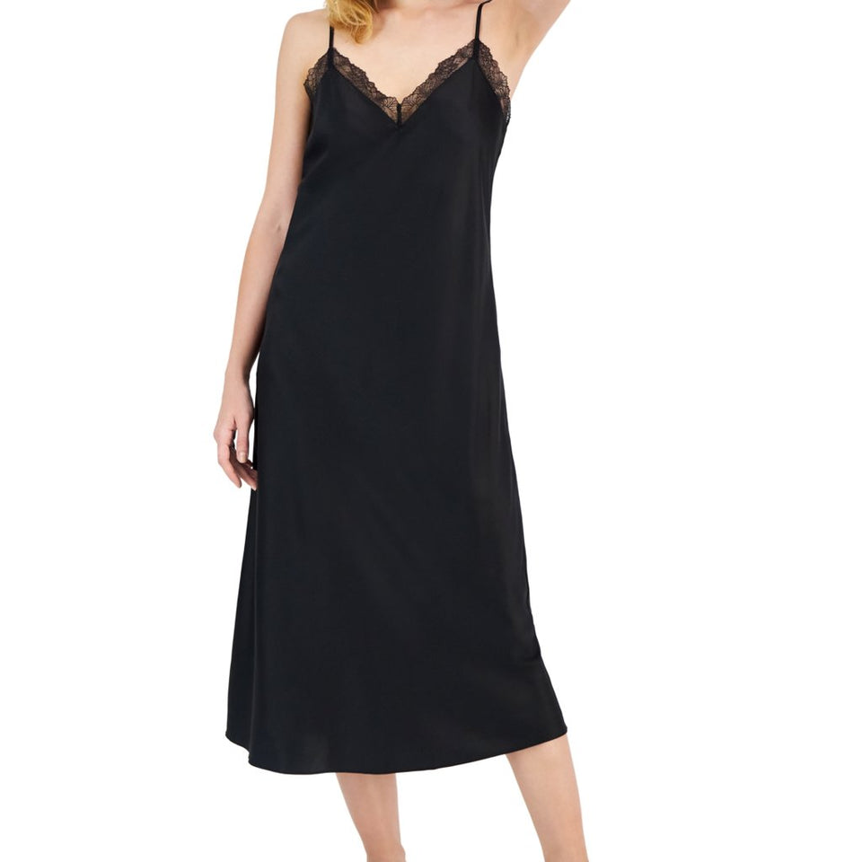 I.n.c. International Concepts Women's Deep Black Lace-Trim Satin Sleep Dress
