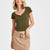Planet Heart Women's Camo Green Ribbed Henley Cap Sleeve T-Shirt
