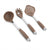 Three-piece kitchen utensil set with brown silicone heads and silver stainless steel handles, including a soup ladle, spaghetti server, and slotted spoon, on a white background.