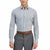 A man wearing a long-sleeve button-down dress shirt with a fine blue and white checkered pattern, paired with gray trousers and a brown leather belt, shown against a plain white background.