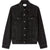 Black denim jacket on a white background
