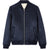 Navy blue bomber jacket with a white interior lining on a white background