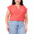 A woman wearing a coral pink short-sleeve textured top with a split neckline and light blue jeans, shown from the waist up against a plain white background.