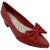 A red leather pointed-toe pump with a low block heel and a matching fabric bow on the toe box, shown against a plain white background.