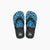 A pair of Reef brand flip-flops featuring a vibrant blue and black checkerboard pattern on the footbeds, with black straps and footbeds, set against a plain white background.