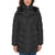 A woman wearing a black hooded puffer coat with faux-fur trim around the collar and hood, shown against a plain white background.