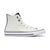 A classic high-top sneaker in off-white canvas with black trim, white laces, and a black rubber toe cap, shown from a side profile on a white background.