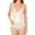 A woman modeling a cream-colored satin bodysuit with lace cups and thin shoulder straps, shown against a plain white background.