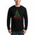 A man wearing a black long-sleeve crewneck t-shirt with a graphic of a Christmas tree made of the words 'Merry Merry Merry' and 'CHRISTMAS' in red and green, paired with blue jeans against a plain white background.