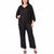 A woman modeling a black sequined jumpsuit with a V-neck and elbow-length sleeves, paired with black strappy heels, against a plain white background.
