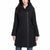 A woman wearing a black hooded puffer parka with a front zipper, shown against a plain white background.
