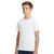 A young male model wearing a plain white short-sleeve crewneck t-shirt and dark blue jeans, standing against a solid white background.