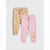 Two pairs of children's jogger sweatpants laid flat on a light gray background. The pair in back is beige with an allover fox print, and the pair in front is light pink with a large fox graphic on the lower left leg.