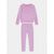 A two-piece children's knit loungewear set in light purple, featuring a long-sleeve crewneck top with a subtle chevron pattern on the chest and matching high-waisted leggings, displayed on a light gray background.