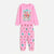 A two-piece children's pajama set in pink, featuring a long-sleeve top with a colorful Mickey Mouse and friends graphic, and matching pants with a festive cartoon print.