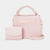 A light pink textured leather handbag set with a matching small pouch, featuring a top handle, shoulder strap, and gold-tone chain detail on a light gray background.