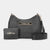 A black embossed crossbody bag with a matching zippered wallet and a detachable shoulder strap, featuring a gold-tone 'bebe' logo plaque on the front, set against a light gray background.