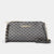 A black and gray monogrammed crossbody bag with gold-tone hardware and a black leather strap, displayed against a light gray background.