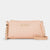 A light pink and beige checkered crossbody bag with a gold-tone chain strap and a tassel charm, shown against a light gray background.